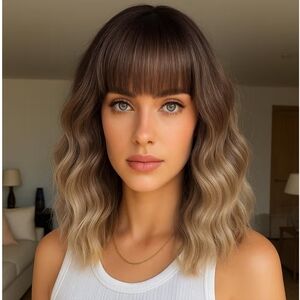 Blonde Ombre Wavy Wig with Bangs 14"